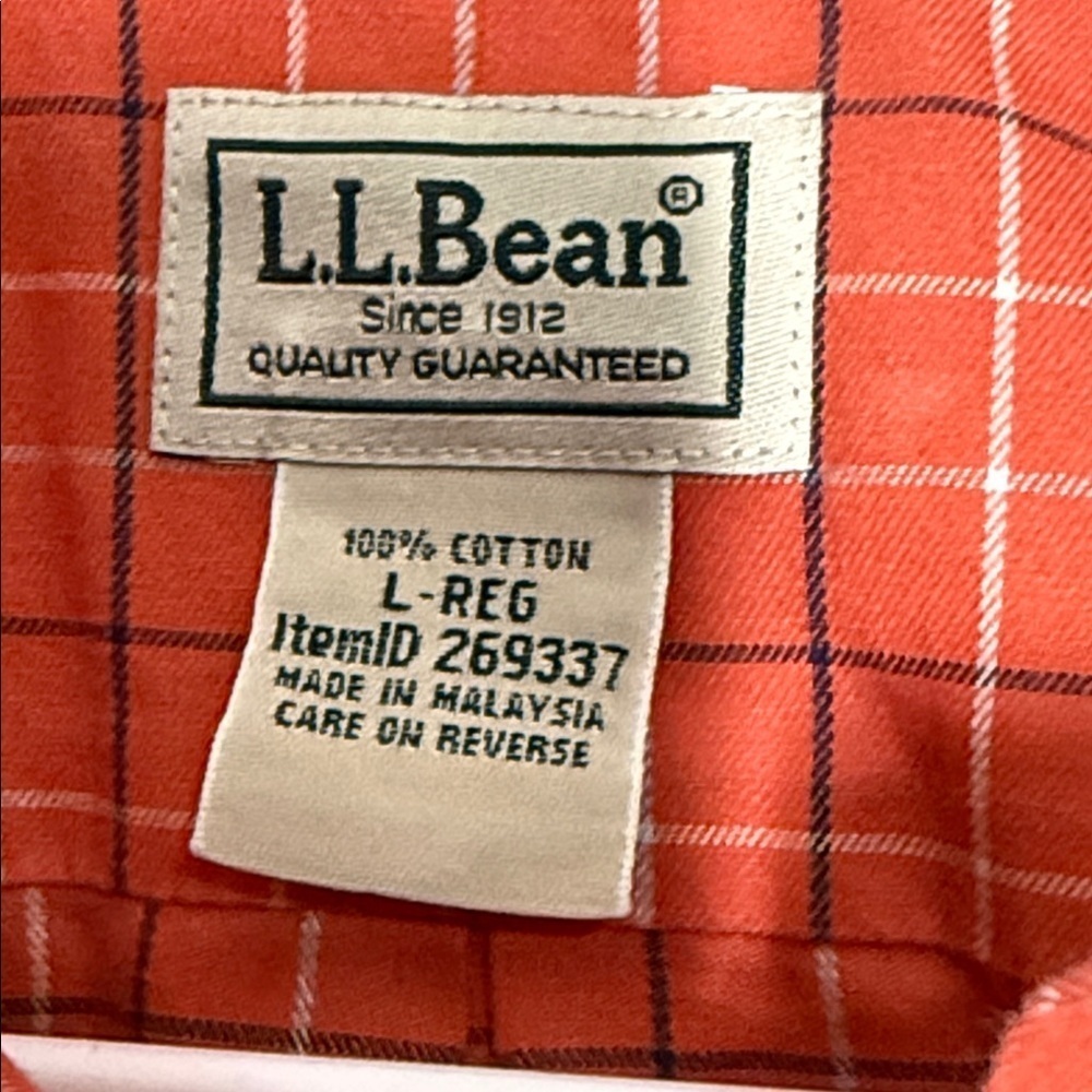 VINTAGE L.L. BEAN Plaid Button-Down Shirt Long Sleeve Wrinkle Resistant Orange L - Picture 3 of 3